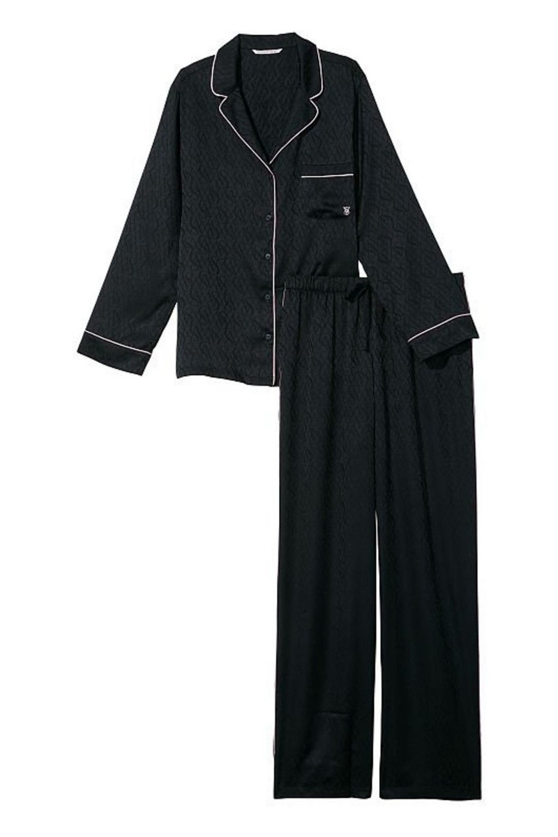 Black Vs Lockup Jacquard Victoria's Secret Satin Long Pyjamas | HBY-342658