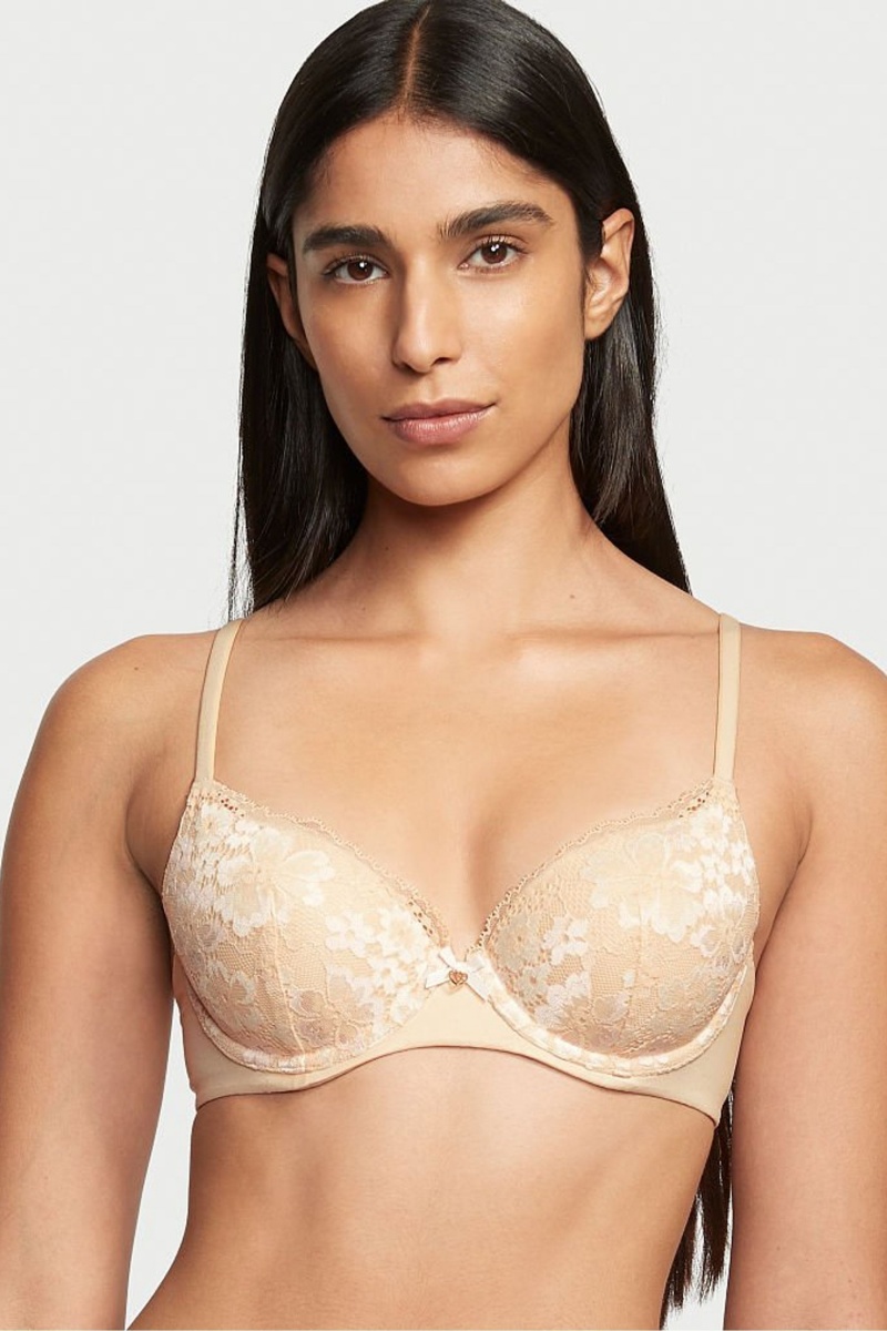 Champagne Xdye Nude Victoria\'s Secret Body by Victoria Front Fastening Lace Trim Lightly Lined Demi Bra | ALC-526734