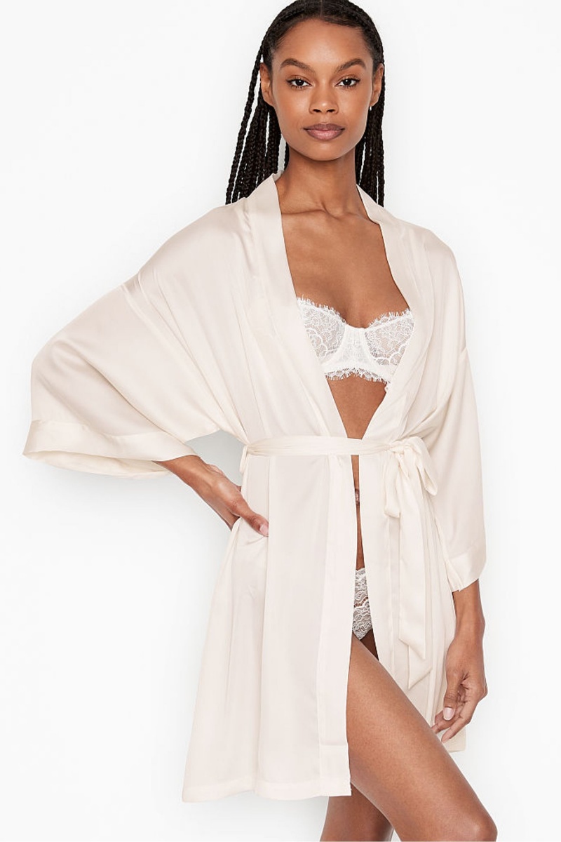 Coconut White W/ Bride Embellished Victoria\'s Secret Bridal Satin Bride Embellished Robe | SPM-847139