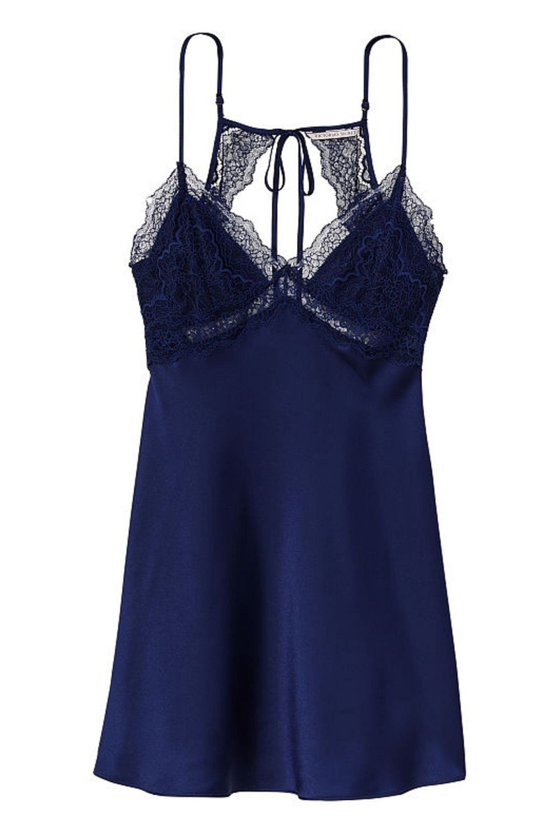 Ensign Navy Blue Victoria's Secret Lace Plunge OpenBack Slip Dress | LMC-819065