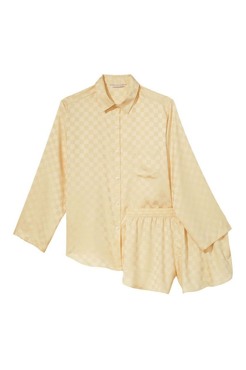 Faded Wheat Yellow Check Victoria's Secret Satin Long Sleeve Short Pyjamas | QVF-061853