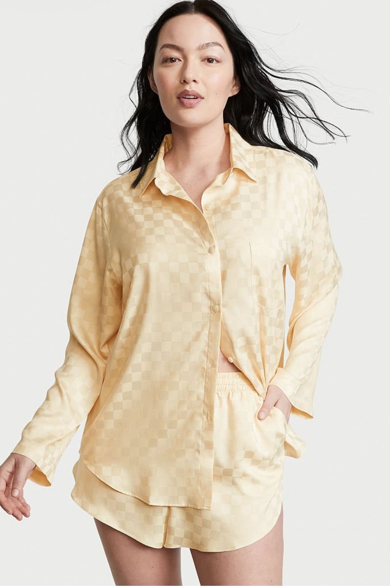 Faded Wheat Yellow Check Victoria\'s Secret Satin Long Sleeve Short Pyjamas | QVF-061853