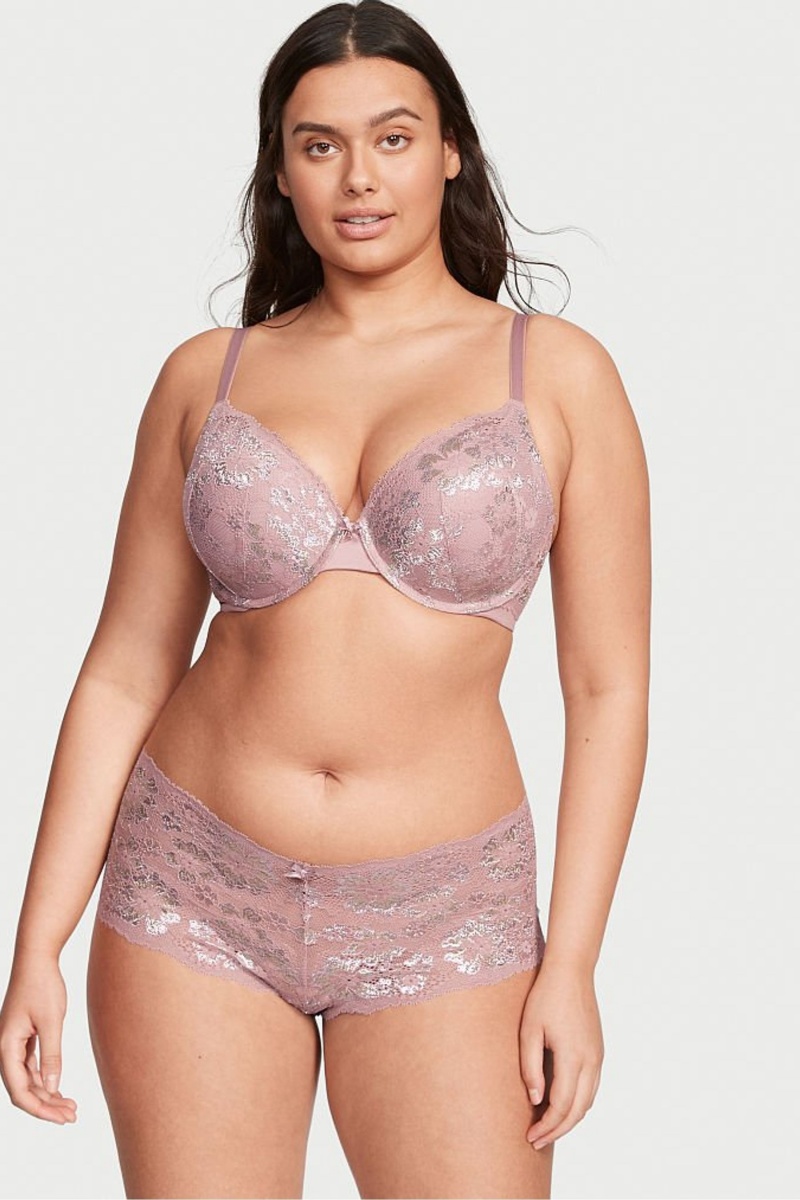 French Mauve Double Lurex Pink Victoria's Secret Body by Victoria Lace Full Cup Push Up Bra | RMX-854796