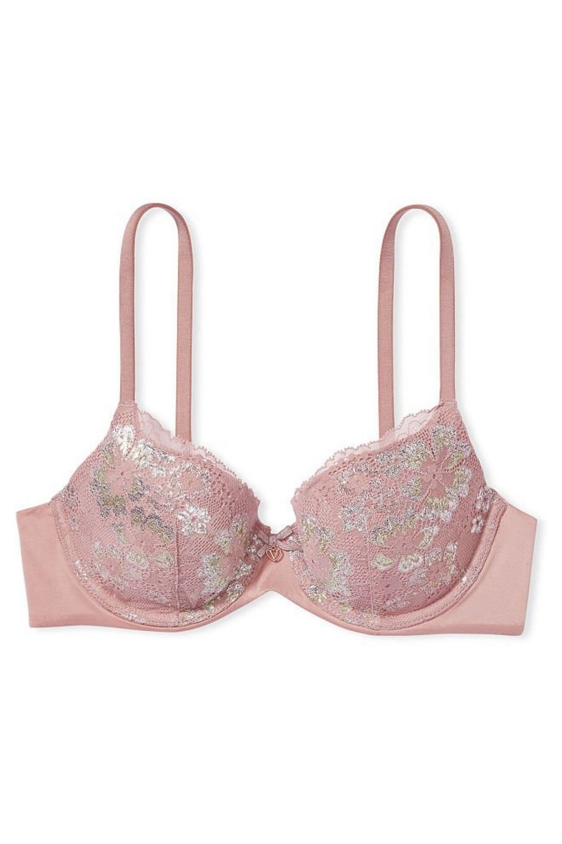 French Mauve Double Lurex Pink Victoria's Secret Body by Victoria Front Fastening Lace Trim Lightly Lined Demi Bra | NPJ-213857