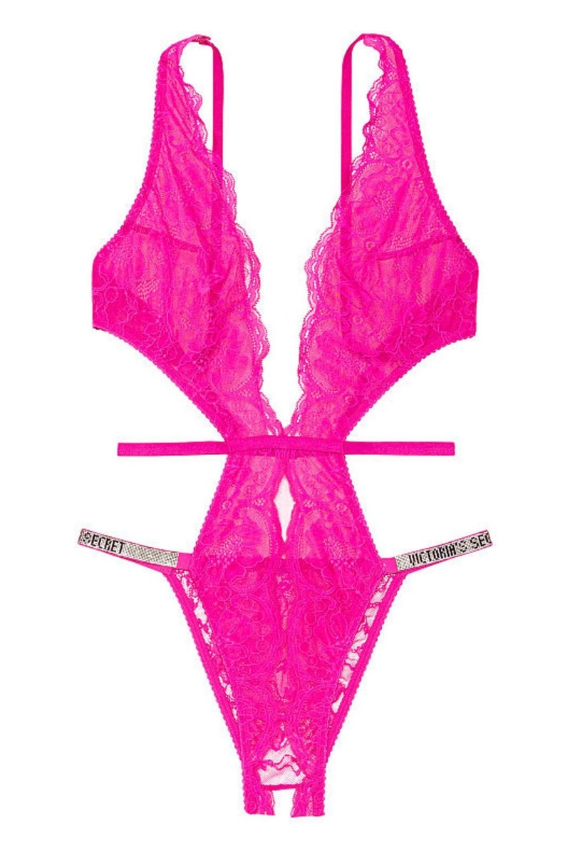 Fuschia Frenzy Pink Victoria's Secret Very Sexy Shine Strap Lace Crotchless Bodysuit | TFP-502763