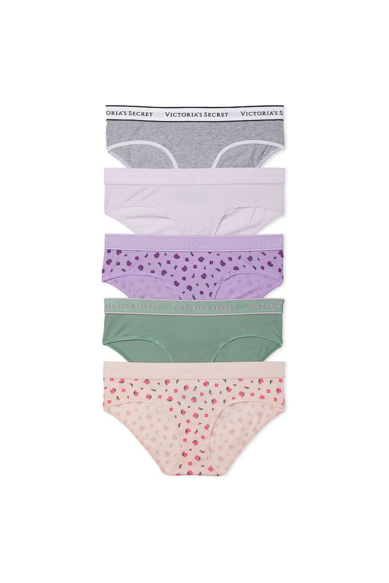 Grey/ White/ Purple/ Green/ Pink Victoria\'s Secret Stretch Cotton Logo Hipster Knickers 5 Pack | CEK-734912