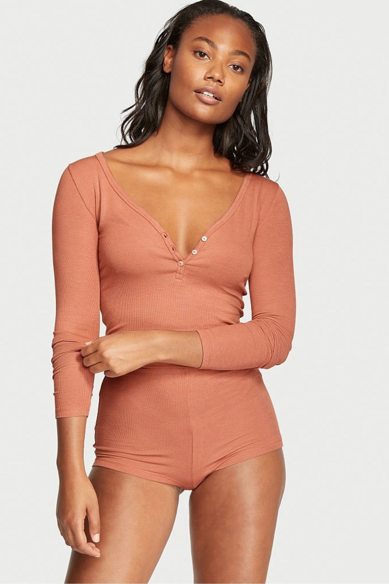 Light Brown Victoria\'s Secret Ribbed Modal Short Pyjamas | RHL-679012