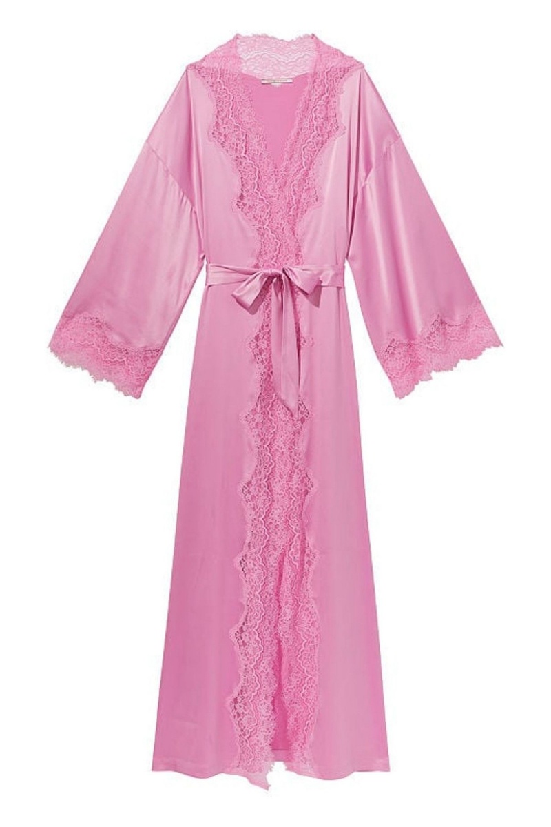 Lilac Chiffon Pink Victoria's Secret Lace Trim Satin Long Robe | LVG-257684