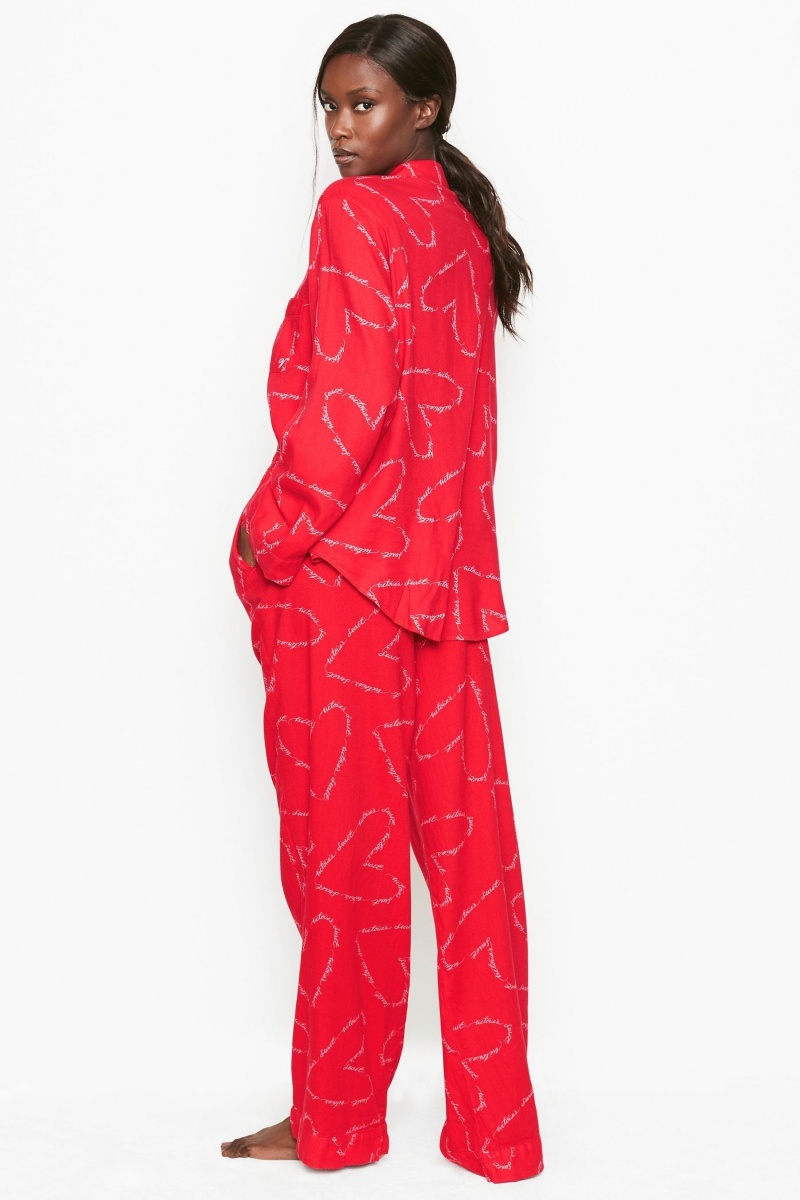 Lipstick Red Script Hearts Victoria's Secret Flannel Long Pyjamas | OGE-076392