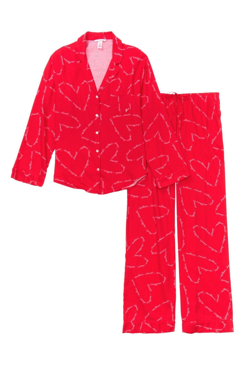 Lipstick Red Script Hearts Victoria's Secret Flannel Long Pyjamas | OGE-076392