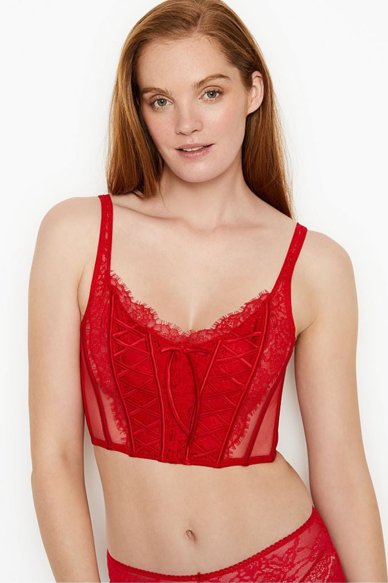 Lipstick Red Victoria's Secret Dream Angels Lace Unlined Non Wired Corset Bra Top | ATY-796104