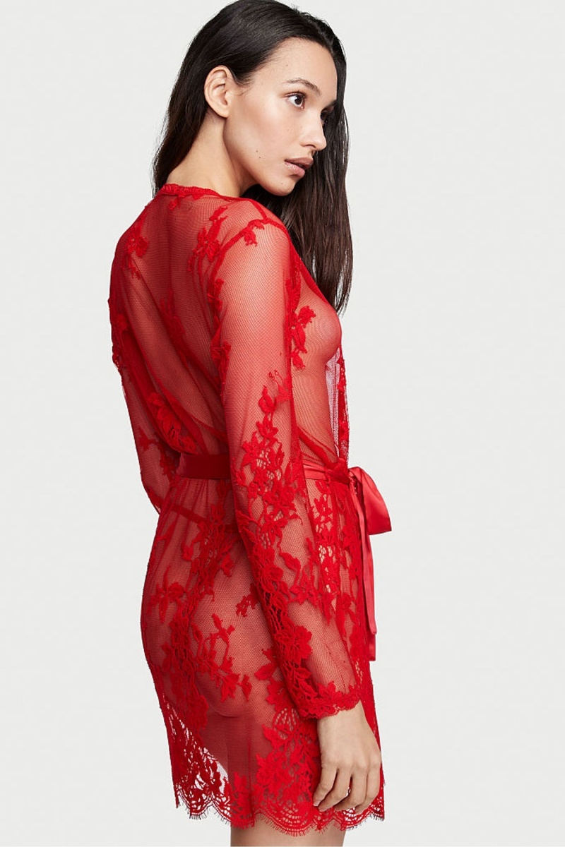 Lipstick Red Victoria's Secret Luxe Lingerie Lace Short Dressing Gown | PVK-615097