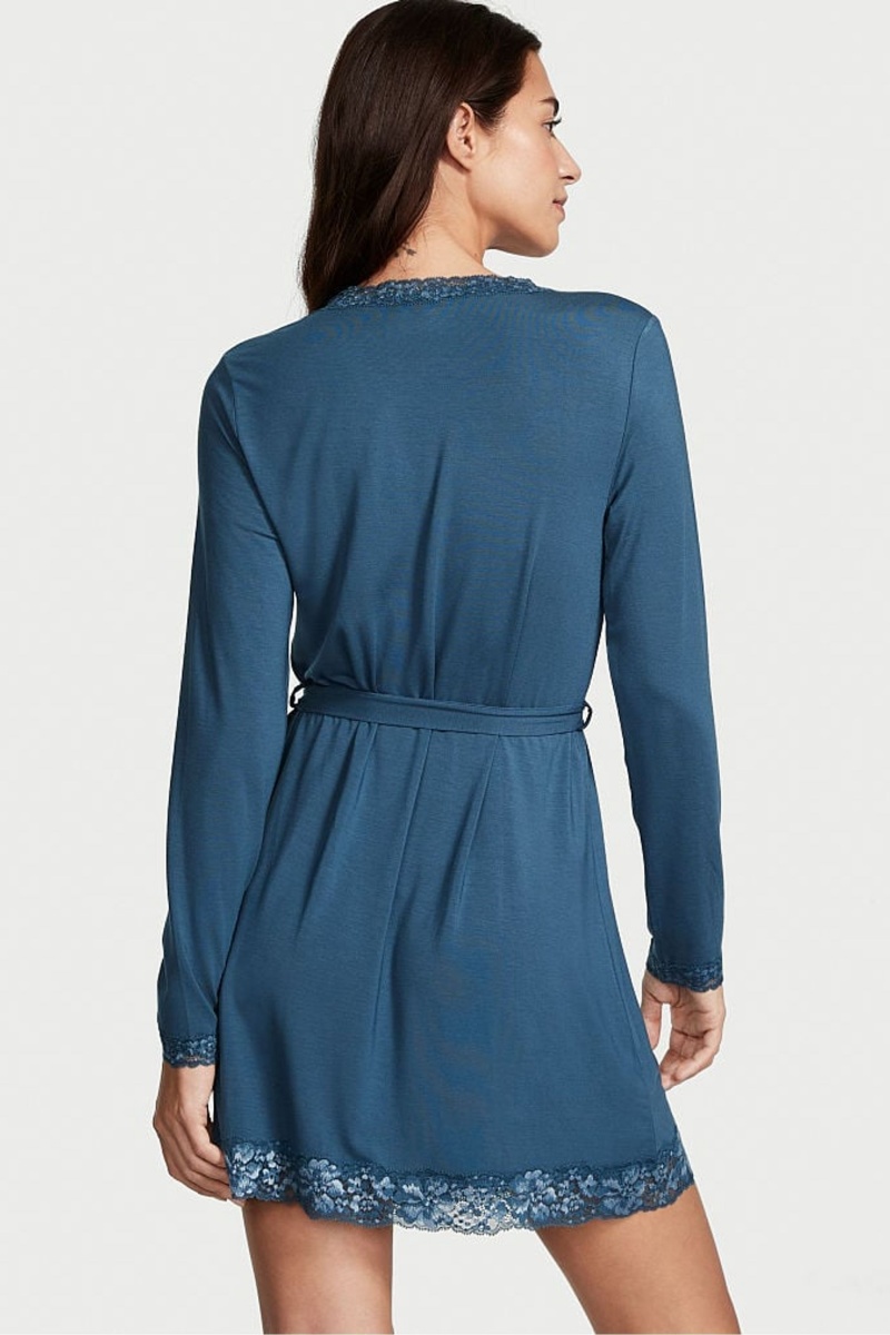 Midnight Sea Blue Victoria's Secret Modal Lace Trim Robe | ACD-510374