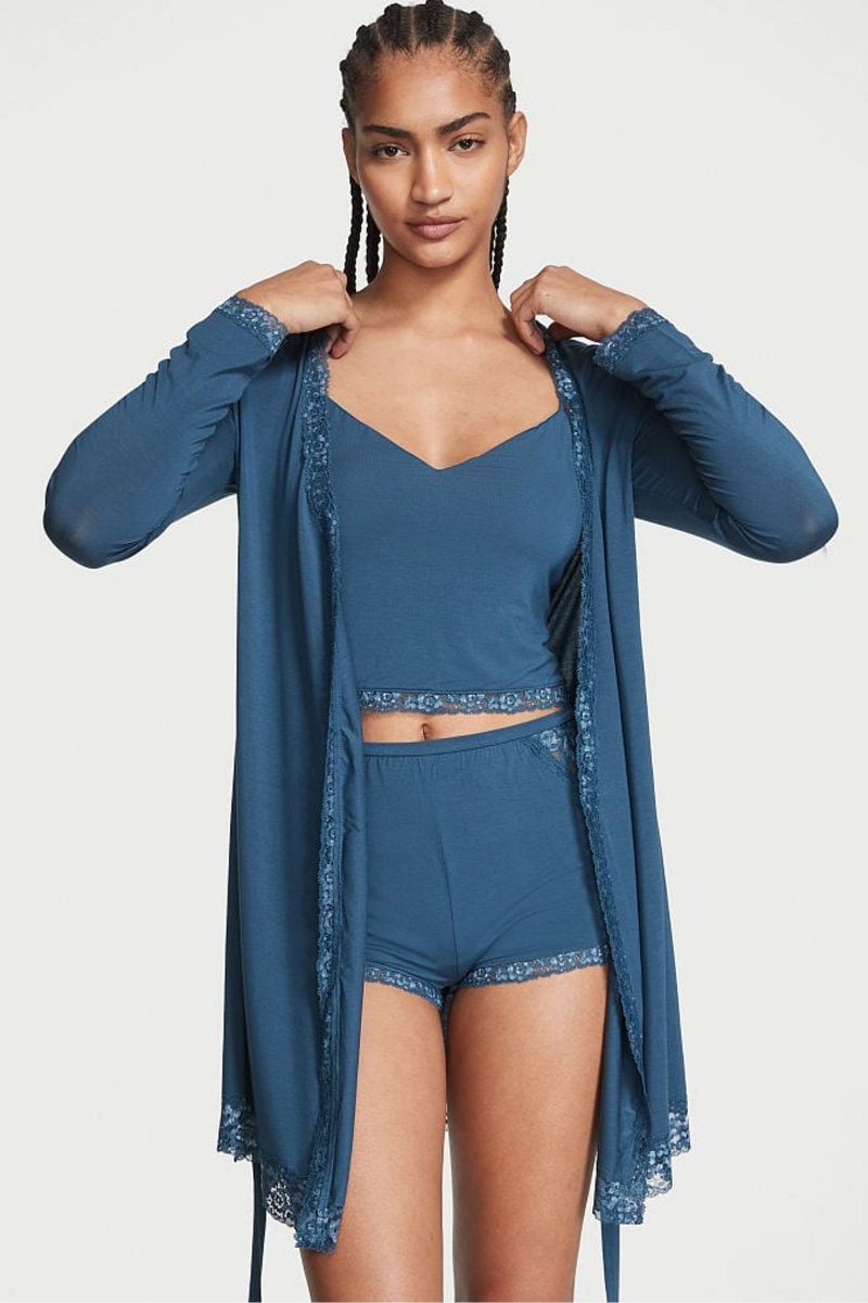 Midnight Sea Blue Victoria's Secret Modal Lace Trim Robe | ACD-510374