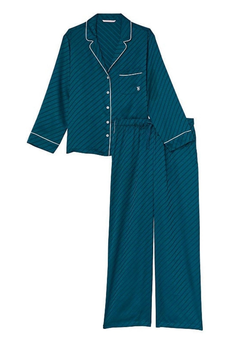 Midnight Sea Blue Victoria's Secret Satin Long Pyjamas | HUE-793854