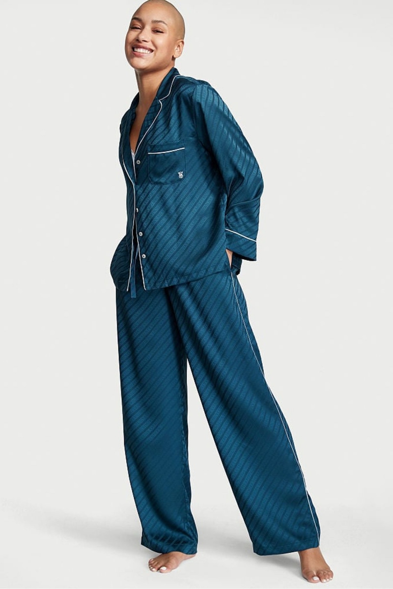 Midnight Sea Blue Victoria\'s Secret Satin Long Pyjamas | HUE-793854