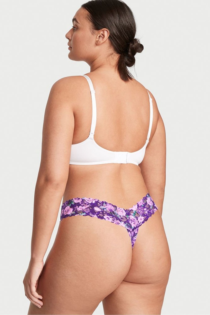 Night Ocean Small Rosey Florals Purple Victoria's Secret The Lacie Lace Thong Knickers | RCZ-619435