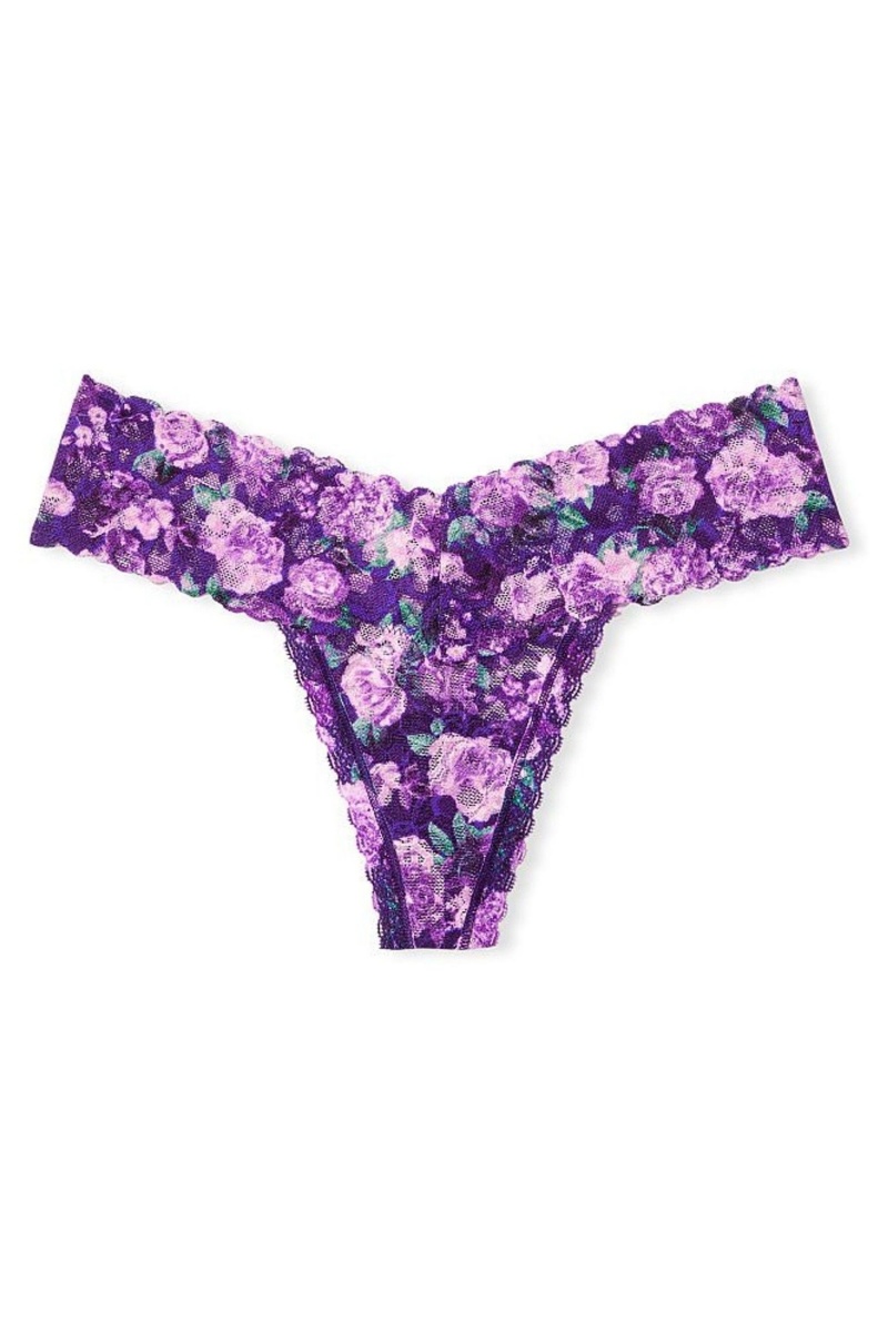 Night Ocean Small Rosey Florals Purple Victoria's Secret The Lacie Lace Thong Knickers | RCZ-619435