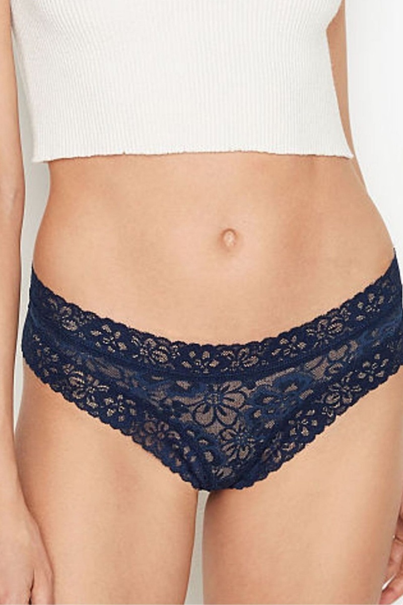 Noir Navy Blue Victoria\'s Secret The Lacie Lace Cheeky Knickers | PDU-802176