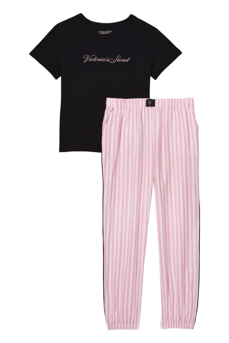 Pink Iconic Stripe Victoria's Secret Short Sleeve T-Shirt Flannel Pyjamas | SVJ-986407