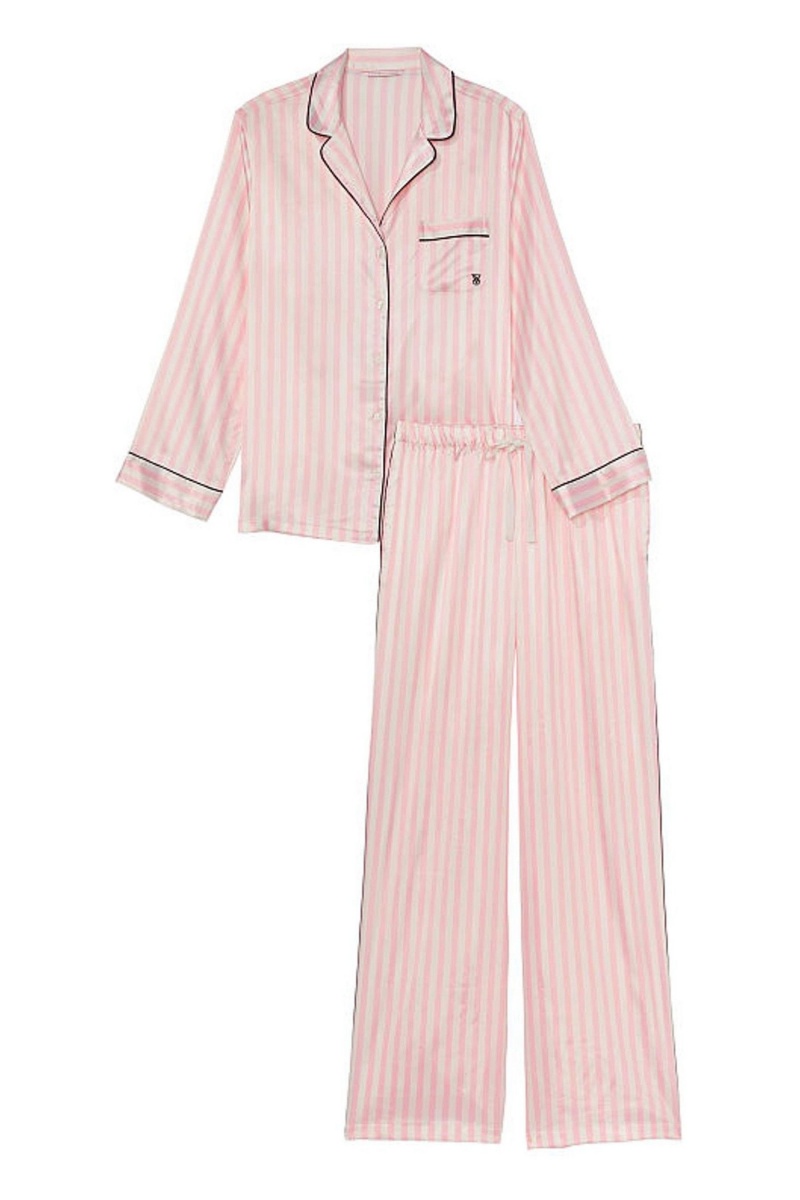 Pretty Blossom Iconic Stripe Pink Victoria's Secret Satin Long Pyjama Set | HXJ-086127