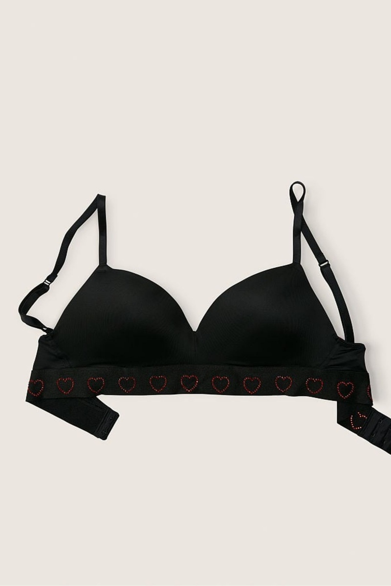 Pure Black Heart Shine Victoria's Secret Wear Everywhere Smooth Non Wired Push Up T-Shirt Bra | UOQ-381975