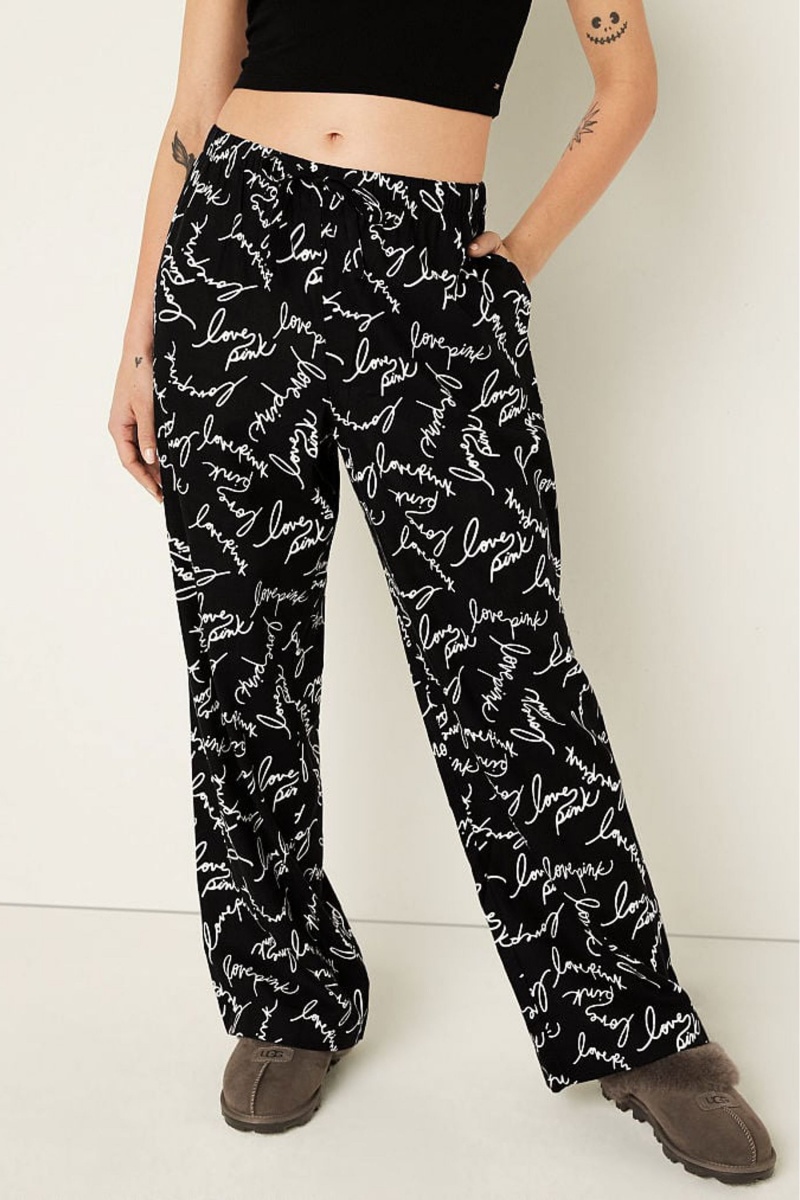 Pure Black Script Logo Victoria\'s Secret Flannel Pyjama Bottoms | TZU-456109