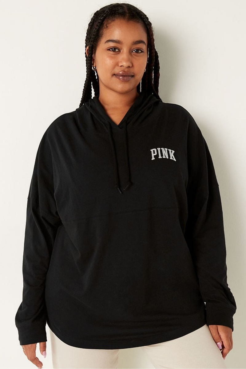 Pure Black Victoria\'s Secret Cotton Oversized Hooded T-Shirt | PJR-689541