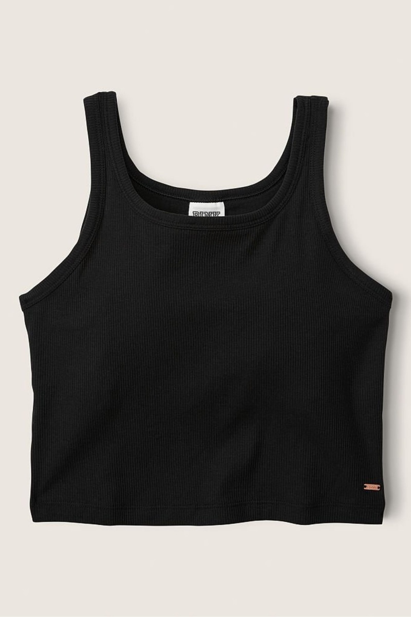 Pure Black Victoria's Secret Crop Ribbed Tank Top | MAE-617480