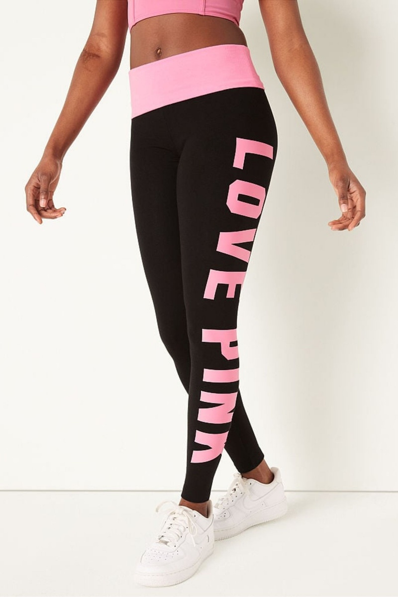 Pure Black Victoria\'s Secret Foldover Full Length Legging | HXV-176948