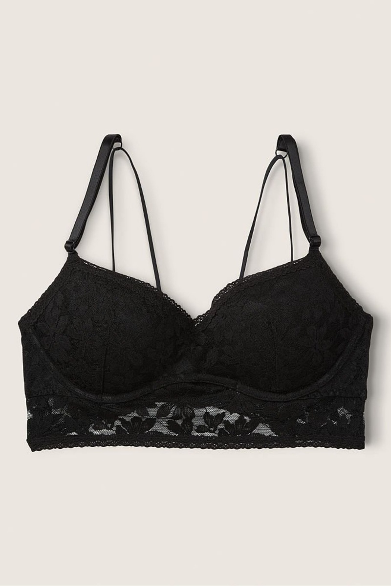 Pure Black Victoria's Secret Lace Wired Push Up Bralette | SOJ-731628