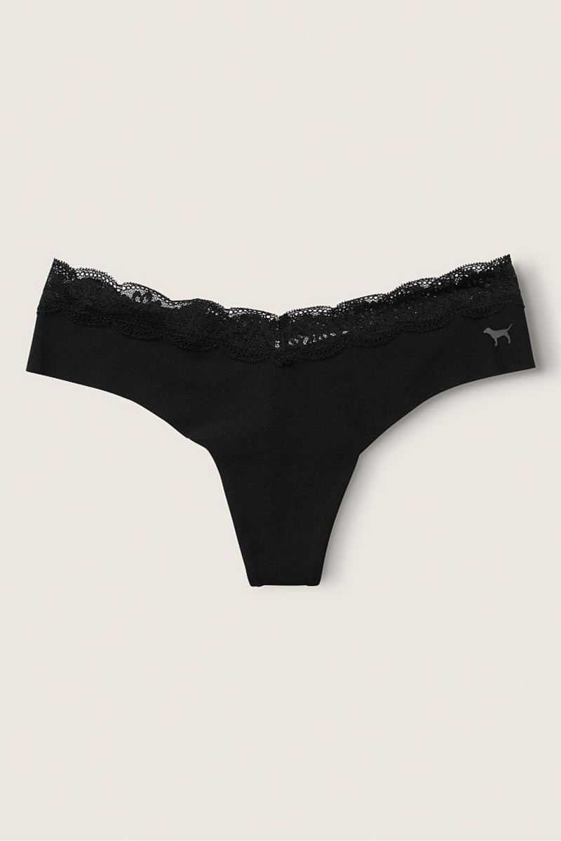 Pure Black Victoria\'s Secret No-Show No Show Lace Trim Thong Knickers | UWF-473861