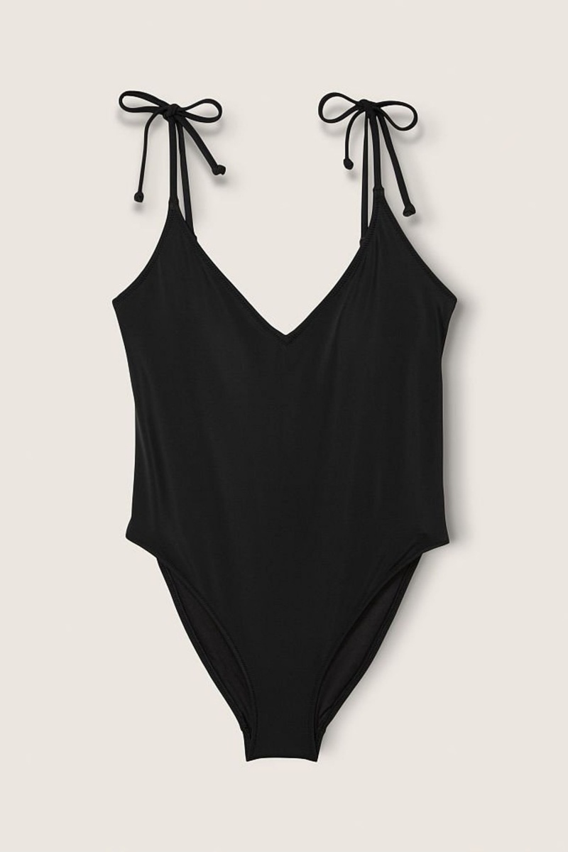 Pure Black Victoria's Secret V Neck Open Back Swimsuit | JUD-374958