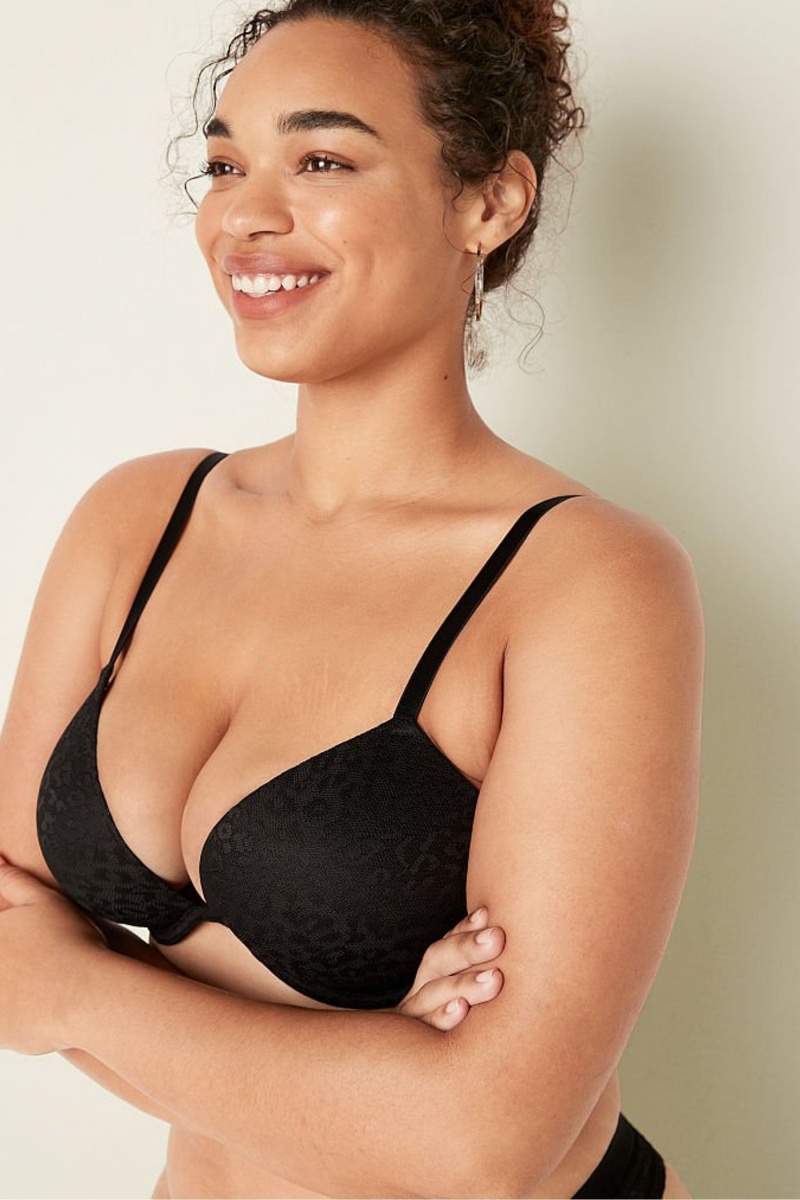 Pure Black Victoria's Secret Wear Everywhere Add 2 Cups Lace Push Up T-Shirt Bra | UTC-935041