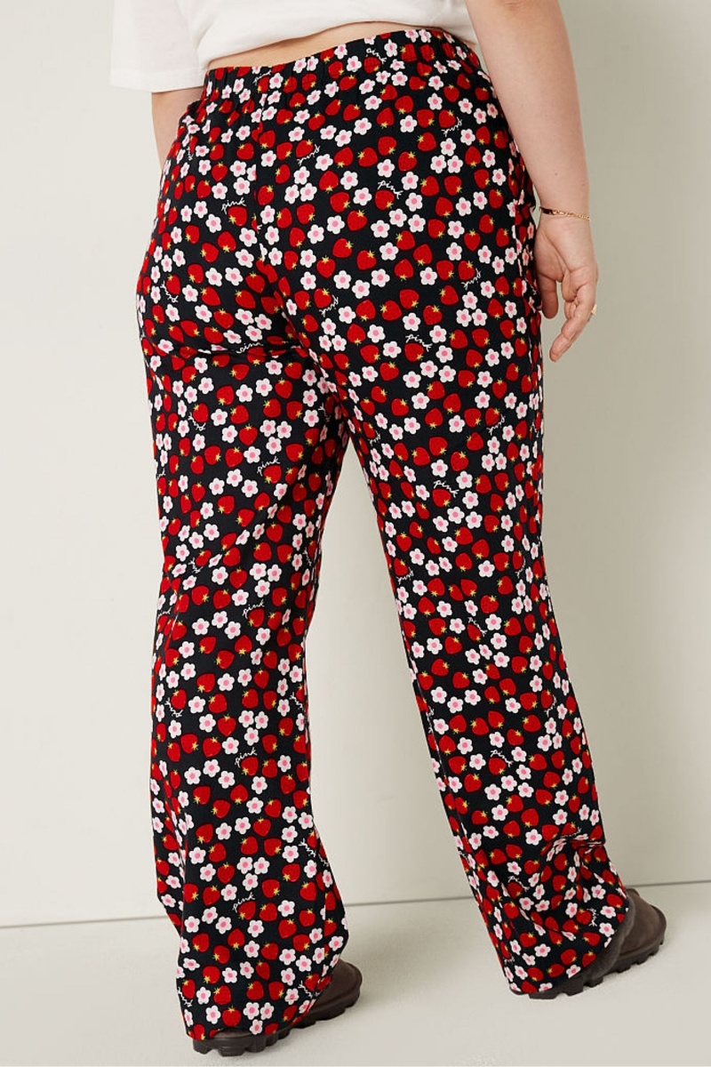 Pure Black with Strawberry Print Victoria's Secret Flannel Pyjama Bottoms | FUV-156478