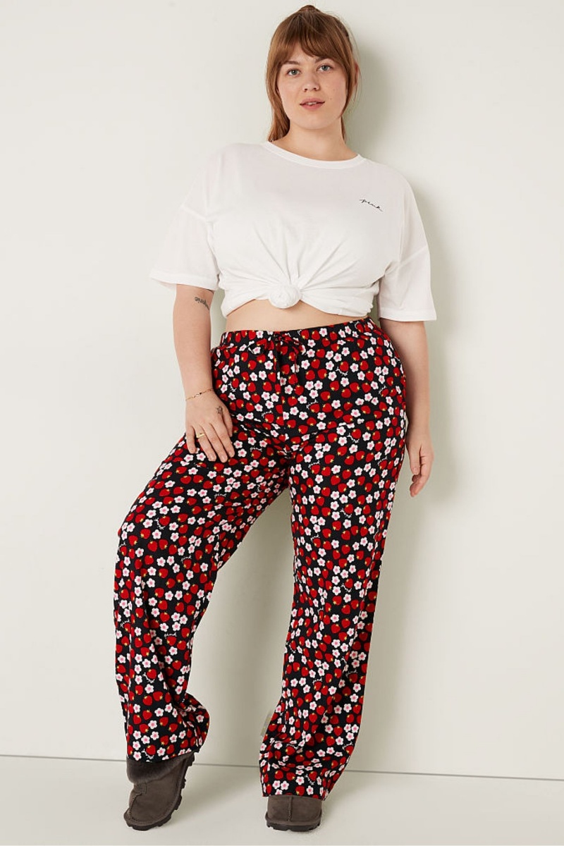 Pure Black with Strawberry Print Victoria's Secret Flannel Pyjama Bottoms | FUV-156478