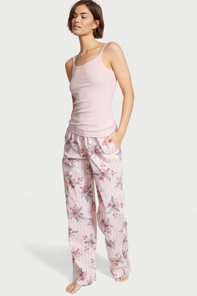 Purest Pink Floral Stripe Victoria\'s Secret Cotton Long Pyjamas | MXG-856391