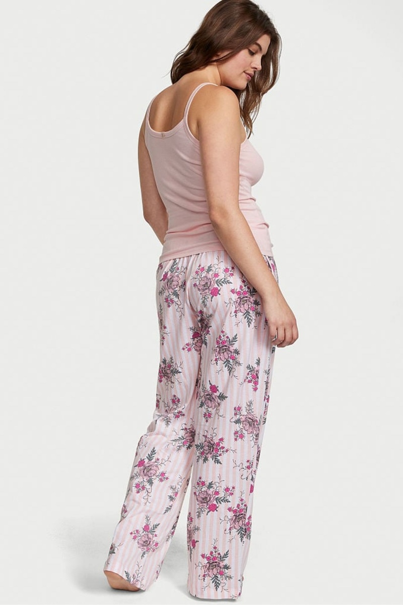 Purest Pink Floral Stripe Victoria's Secret Knit Long Pyjamas | EOF-596182