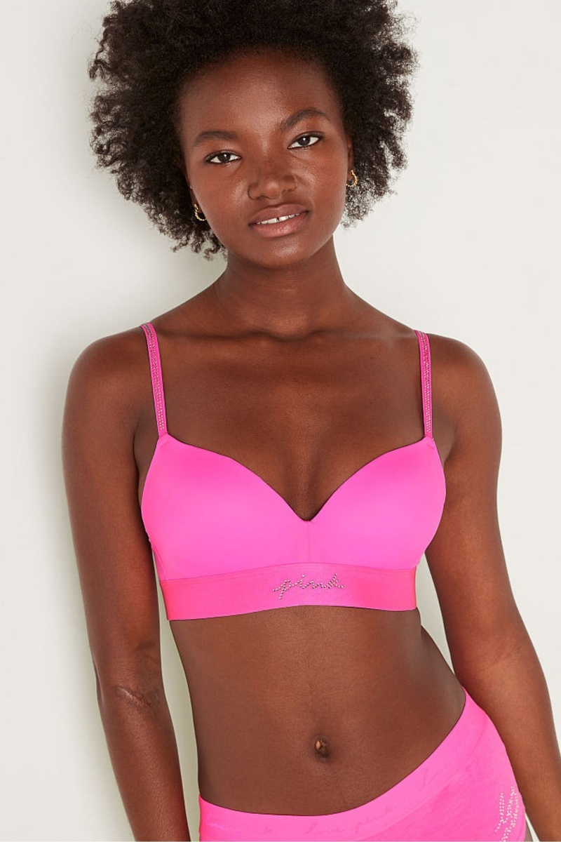 Radiant Rose Pink Shine Victoria\'s Secret Wear Everywhere Smooth Shine Strap Non Wired Push Up T-Shirt Bra | DPA-204683