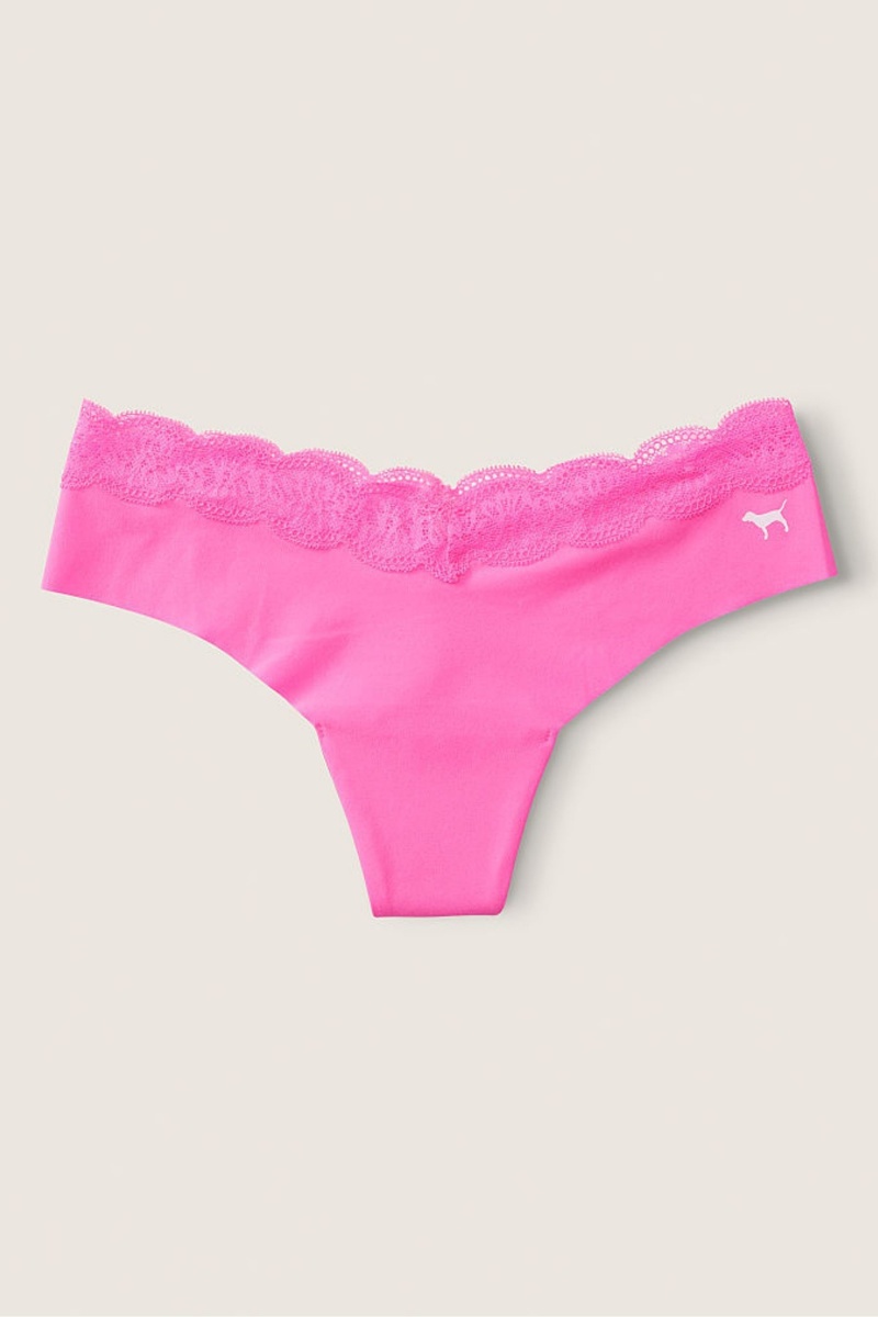 Radiant Rose Pink Victoria's Secret No-Show No Show Lace Trim Thong Knickers | ZQI-816502