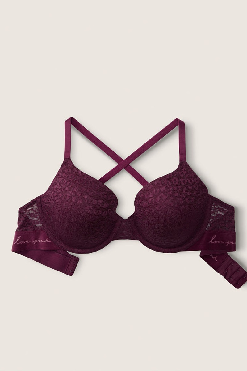 Rich Maroon Purple Victoria's Secret Wear Everywhere Lace Lightly Lined T-Shirt Bra | XYT-726815