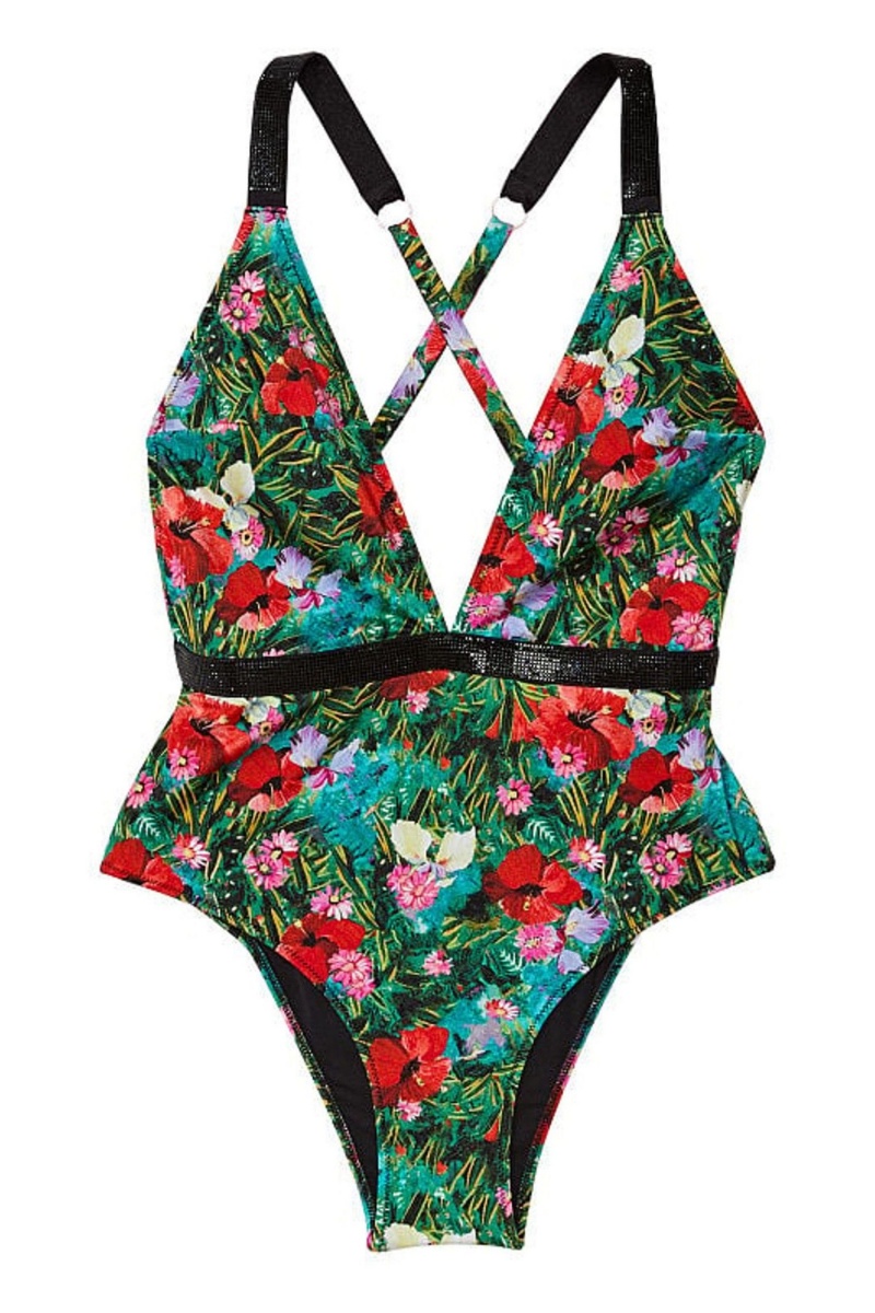 Tropical Floral Black Victoria's Secret Shine Strap Plunge One Piece Swimsuit | ROI-253409