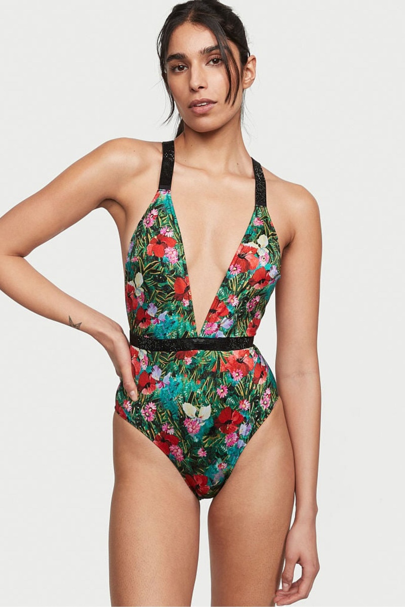 Tropical Floral Black Victoria\'s Secret Shine Strap Plunge One Piece Swimsuit | ROI-253409