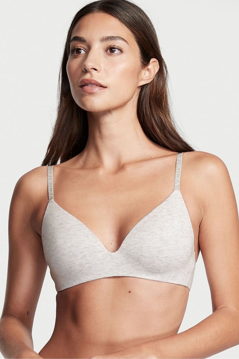 VS Snow Heather Grey Victoria\'s Secret The T-Shirt Smooth Logo Strap Lightly Lined Non Wired T-Shirt Bra | NKD-508164