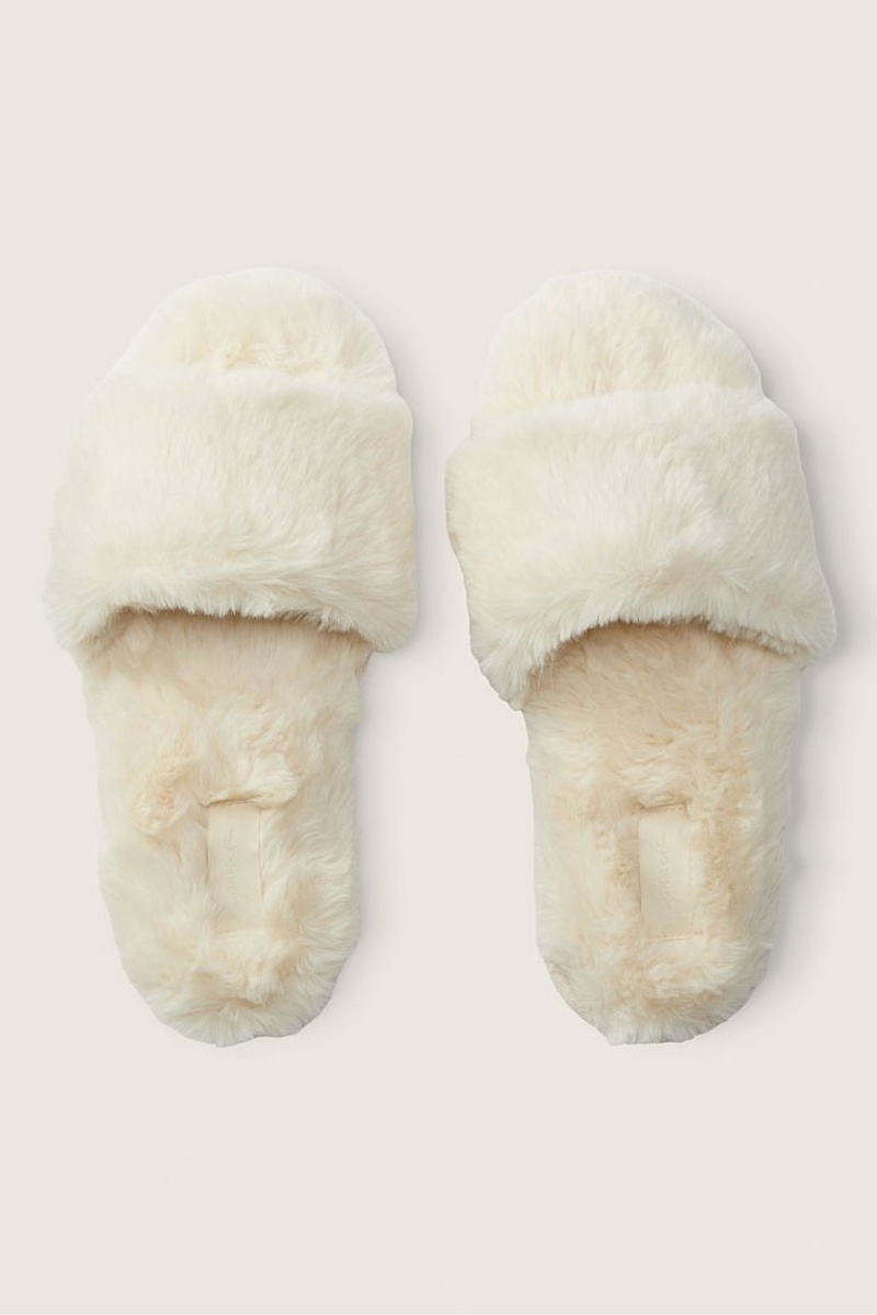 Vanilla Bean White Victoria's Secret Faux Fur Open Toe Slipper | WYF-923107