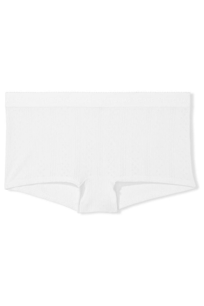 White Victoria's Secret Stretch Cotton Logo Waist Pointelle Short Knickers | IWM-361249